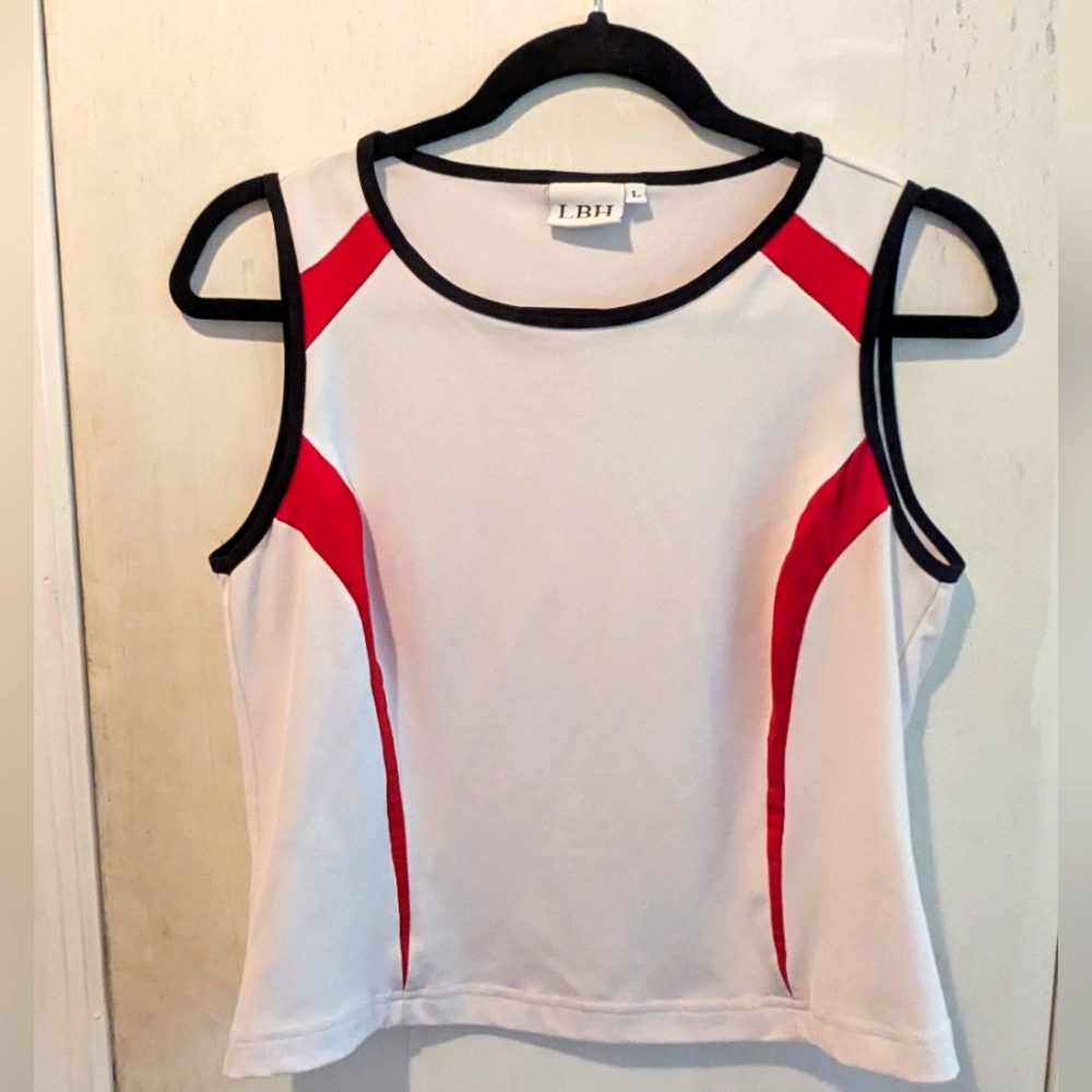 LBH white with black & red accents tennis tank top, size large